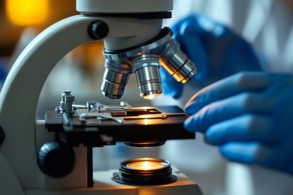 Scientist using a microscope examining samples in a laboratory Close up of a microscope with illuminated sample being examined by a scientist wearing blue gloves in a laboratory setting
